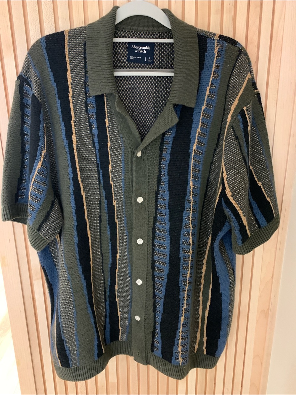 Abercrombie & Fitch Olive Blue Tan Vertical Stripe Knit Polo
